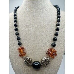 Judie Ingram Necklace Black Beads Natural Amber 23”